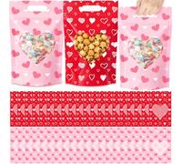 AmazingSpark 100 Pcs Valentine's Day Candy Treat Bags with Windows, Holiday Heart Pattern Plastic Sealing Bags with Handles for Valentine Party Candy or Snacks Gift Wrapping Supplies