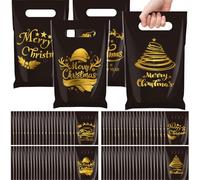 AmazingSpark 100 Pieces Christmas Gift Bags Plastic Goodie Treat Candy Cookie Snack Tote Black Gold Merry Christmas Bags Bulk with Handles Xmas Holiday Winter Party Favor Supplies, 4 Style