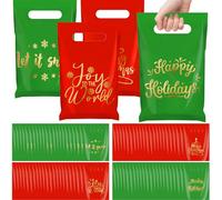 AmazingSpark 100 Pieces Christmas Gift Bags Plastic Goodie Treat Candy Cookie Snack Tote Red and Green Gold Merry Christmas Bags Bulk with Handles Xmas Holiday Winter Party Favor Supplies, 4 Style