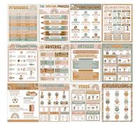 AmazingSpark 12 Pcs Boho Parts of Speech Posters for Classroom, English Grammar Educational Posters Punctuations Writing Process for Elementary Home School Wall Decor