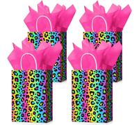 AmazingSpark 12 Pcs Leopard Party Decor Cheetah Party Bags Neon Leopard Print Bags with Handle and Rose Red Tissue Paper for Wild Animal Cheetah Theme Birthday Decorations