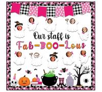AmazingSpark 147 Pcs Halloween Bulletin Board Our Staff is Fab-Boo-lous Bulletin Board Decoration Cute Ghost Photo Cutout Spider Pumpkin Potion Pot Bat Accents for School Home Wall Party Decoration