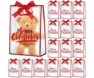 AmazingSpark 16 Pcs Christmas Clear Plastic Gift Bag with Die Cut Handles Xmas Reusable PP Bag with Ribbon for Christmas Party Supplies, 10.2 x 7.1 x 3.15 Inch