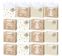 AmazingSpark 16 Pcs Christmas Gift Kraft Paper Bags with Handles Tags Tissue Paper Large Christmas Bags with Ribbon Handle for Gift Wrapping Holiday Present, 9.84 x 7.87 x 3.94 Inch (Stylish)