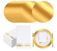 AmazingSpark 200 Pcs Table Setting Supplies Include 100 13" Round Gold Placemats 100 Disposable Gold Foil Trim Napkins Paper Guest Center Pieces for Banquet Wedding Baby Shower Dinner Party Decoration