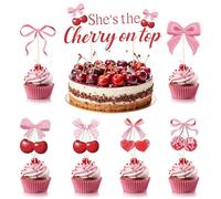 AmazingSpark 23 Pcs Cherry Bow Cupcake Toppers She's the Cherry on Top Party Decorations Coquette Sweet Cake Toppers Pink Bow Cupcake Picks for Birthday Wedding Bachelorette Baby Shower Party Supplies