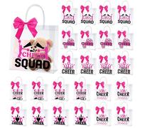 AmazingSpark 24 Pcs Cheer Clear Treat Bags Bulk with Handles and Bow for Cheer Team Cheerleader Gift Bag Cheerleaders Party Supplies(Pink)