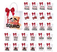 AmazingSpark 24 Pcs Cheer Clear Treat Bags Bulk with Handles and Bow for Cheer Team Cheerleader Gift Bag Cheerleaders Party Supplies(Red)