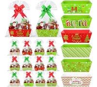 AmazingSpark 24 Set Christmas Empty Gift Basket Set Baskets for Gifts DIY Funny Cartoon Character Market Empty Tray Favor with Bows and Handles Clear Basket Bags for Xmas, Holiday, Birthday