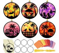 AmazingSpark 30 Pcs Summer Beach Suncatchers Paper Craft Set Hawaiian Coconut Tree Beach DIY Stained Glass Effect Tissue Paper Kits Gift Bulk for Summer Classroom Activities Art Party Decor