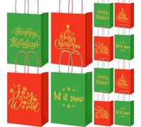 AmazingSpark 48 Pcs Christmas Kraft Gift Bags with Handles 4 Designs Xmas Paper Goody Bags Bulk for Treat Red and Green Christmas Party Favors and Holiday Decoration Supplies(Simple)