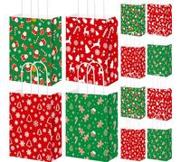 AmazingSpark 48 Pcs Christmas Kraft Gift Bags with Handles 4 Designs Xmas Paper Goody Bags Bulk for Treat Red and Green Christmas Party Favors and Holiday Decoration Supplies(Cute)