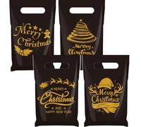 AmazingSpark 48 Pieces Christmas Gift Bags Plastic Goodie Treat Candy Cookie Snack Tote Black Gold Merry Christmas Bags Bulk with Handles Xmas Holiday Winter Party Favor Supplies, 4 Styles