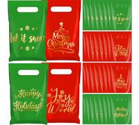 AmazingSpark 48 Pieces Christmas Gift Bags Plastic Goodie Treat Candy Cookie Snack Tote Red and Green Gold Merry Christmas Bags Bulk with Handles Xmas Holiday Winter Party Favor Supplies, 4 Styles