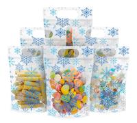 AmazingSpark 60 Pcs Snowflake Bags Plastic Winter Christmas Sealing Treat Goodie Bags with Handles Resealable Stand up Clear Pouches for Xmas Holiday Party Candy Small Gift Wrapping Supplies Decor