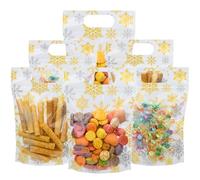 AmazingSpark 60 Pcs Snowflake Bags Plastic Winter Christmas Sealing Treat Goodie Bags with Handles Resealable Stand up Clear Pouches for Xmas Holiday Party Candy Small Gift Wrapping Supplies Decor