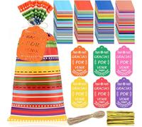 AmazingSpark 60 Set Mexican Candy Bags with Papel Picado Thanks Tags Mexican Fiesta Goodie Cellophane Treat Bags Colorful Cinco De Mayo Party Favors Gift Sack Supplies for Birthday Festival Party