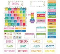 AmazingSpark 85 Pcs Spanish Classroom Calendar Bulletin Board Set Seasons Weather Days of The Week Chart Bulletin Board Calendar Set for School Elementary Bedroom Wall Decoration