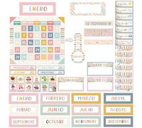 AmazingSpark Boho Spanish Classroom Calendar Bulletin Board Set Monthly Calendar Headers Seasons Weather Days of the Week Chart Boho Classroom Decor for School Teaching Homeschooling Decoration