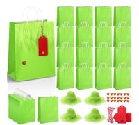 AmazingSpark Lime Green Furry Christmas Gift Paper Bags with Handles DIY Xmas Furry Gift Bags with Green Faux Fur Red Gems Stickers Tags for Christmas Party Favor Supplies