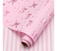 AmazingSpark Pink Bow Gift Wrapping Paper Roll 16.5 Inch x 33 Feet Gold Foil Coquette Bow Gift Wrap Pink Striped Wrapping Paper for Birthday Baby Shower Wedding Bachelorette Party Decor Supplies
