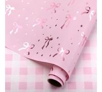 AmazingSpark Pink Bow Gift Wrapping Paper Roll Gold Foil Coquette Bow Gift Wrap 17 x 118 Inch Pink Plaid Wrapping Paper for Girl Birthday Baby Shower Wedding Bachelorette Party Decor Supplies