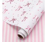 AmazingSpark Pink Bow Gift Wrapping Paper Roll Gold Foil Coquette Bow Gift Wrap 17 x 118 Inch Pink White Striped Wrapping Paper for Girl Birthday Baby Shower Wedding Bachelorette Party Decor Supplies