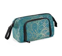 amazingtr Blue Gold Peacock Feather Pencil Case Big Capacity Pen Bag Stationery Pencil Pouch Zipper for Student Teen School Office