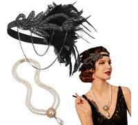 Amazleer 1920s Flapper Accessories Set for Women-Roaring 20s Costumes-Flapper Headpiece, Pearl Necklace (Black&White)