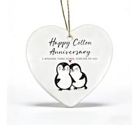 Amazleer 2nd Wedding Anniversary Plaque Gift for Husband Wife - 2 Years Together - Happy Cotton Anniversary Penguin Ceramic Ornament Heart for Women Men Partner, Keepsake Gifts