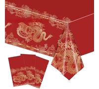Amazleer Chinese New Year Tablecloth Plastic, 137 x 274 cm, Red Waterproof for Home Happy Lunar New Year Table Cover Scallop Edge Table Cloth (Chinese Dragon)