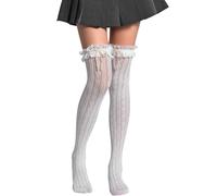 Amazleer Lace Heart Pattern Faux Pearl Bow Fishnet Over-The-Knee Socks Hollow Out High Stockings Spring Summer, White, One size