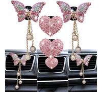 Amazleer Pink Heart and Butterfly Air Vent Clips, Bling Diamond Car Interior Decor, with Sunflower Mask Hook, 4 Pcs (Pink)