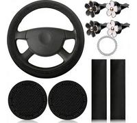 Amazleer Pink Steering Wheel Cover Set for Women, 10 Pcs Universal Car Accessories Kit with Seat Belt Shoulder Pads, Cup Holders, Floral Vent Clips, Start Button Sticker (Black)