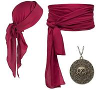 Amazleer Pirate Costume Accessory Set Pirate Sash Belt Headband Waist Belt Pirate Captain Medieval Large Sash Headscarf Bandanas for Halloween Adults Wine Red (Pirates, Wine Red)