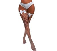 Amazleer Women's Fishnet Thigh High Socks Bow Front, Over Knee Hold Ups Stockings, Gothic Lolita JK Style Fishnet Socks for Party Club Cosplay Festival (White)