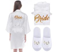 Amazluck Bride Robe And Slippers Set With Lace Trim Embroidery Silky Bride And Bridesmaid Robes Bridal Party Dressing Gown Satin Wedding 2 In 1 Set To Be Pjs For Womens Wedding Daily Pajamas