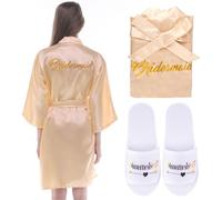 Amazluck Bride Robe And Slippers Set With Lace Trim Embroidery Silky Bride And Bridesmaid Robes Bridal Party Dressing Gown Satin Wedding 2 In 1 Set To Be Pjs For Womens Wedding Daily Pajamas