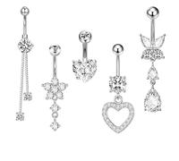 Amazluck Fake Belly Button Piercing Clip On Belly Button Ring, Surgical Steel Belly Bars Fake Belly Piercing with Dangle Heart & Butterfly Belly Button Bars Silver Non Piercing Jewellery for Women