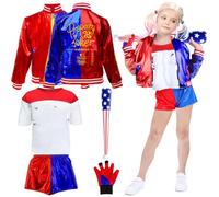 Amazluck Quin-n Costumes Kids Villain Costumes, Halloween Cosplay Villain Clown Fancy Dress Outfits Set With Jacket T-shirt Shorts Glove Inflatable Baseball Bat Joker for Carnival Halloween Children
