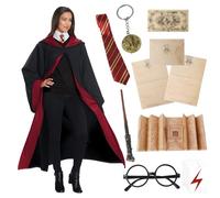 Amazluck Wizard Costume, Black Cape Magic Robe with Hood, Tie, Wand, Glasses, Accessories for Adults, Unisex, One Size, Polyester