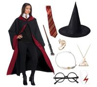 Amazluck Wizard Costume, Wizard Black Cape Magic Robe Costume Cloak with Hood Tie Wand Glasses Frame Wizard Costume Role Play Suit Suitable For Fancy Dress Halloween for Adults Men Women Children