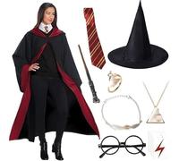 Amazluck Wizard Costume, Wizard Black Cape Magic Robe Costume Cloak with Hood Tie Wand Glasses Frame Role Play Suit Suitable For Halloween Cosplay Fancy Dress for Adults Men Women