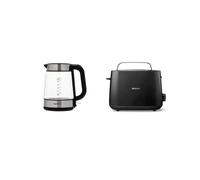 Amazon Basics 1.7L Glass Kettle + Philips Daily Collection Toaster, 2 Large Slots for Bread, 8 Settings + Integrated Bun Warming Rac, Blue
