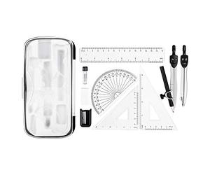 Amazon Basics 10-Piece Maths Kit - Includes Compasses, Lead, Rubber, Sharpener, Protractor, Triangles, Ruler and Carrying Box