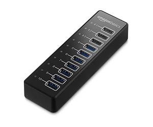 Amazon Basics 10-port hub converts 1 USB A 3.1 port into 10 ideal for charging and syncing smartphones and tablets supports Apple charging, Black