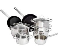 Amazon Basics 11-Piece Stainless Steel Cookware Set, Pots and Pans with Lids, Ceramic Coating, Induction Compatible, Dishwasher-Safe, Silver