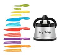 Amazon Basics 12-Piece Coloured Knife Set, Assorted & AnySharp Knife Sharpener, Hands-Free Safety, PowerGrip Suction, Safely Sharpens All Kitchen Knives