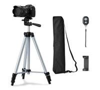 Amazon Basics 127cm/50inch Phone and DSLR Camera Tripod, Lightweight, with Bag, Wireless Remote Control and Phone Holder, Adjustable Height, Silver