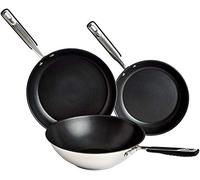 Amazon Basics 3-Piece Stainless Steel Non-Stick Induction Frying Wok and Pan Set with Soft Touch Handle, 24/28/28 cm, PFOA&BPA, Silver